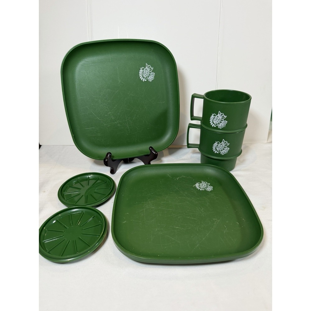 Vintage Tupperware Green Picnic Snack Set Plates Cups Dove Bird MCM Retro‎ Lot